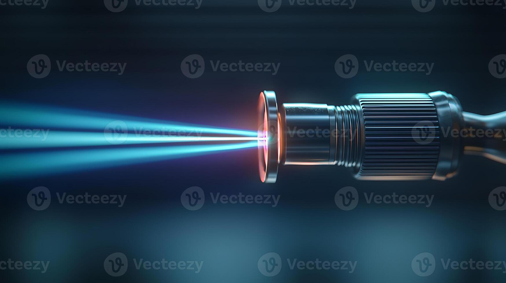 Close-up of a futuristic laser device emitting blue beams in a high-tech environment photo