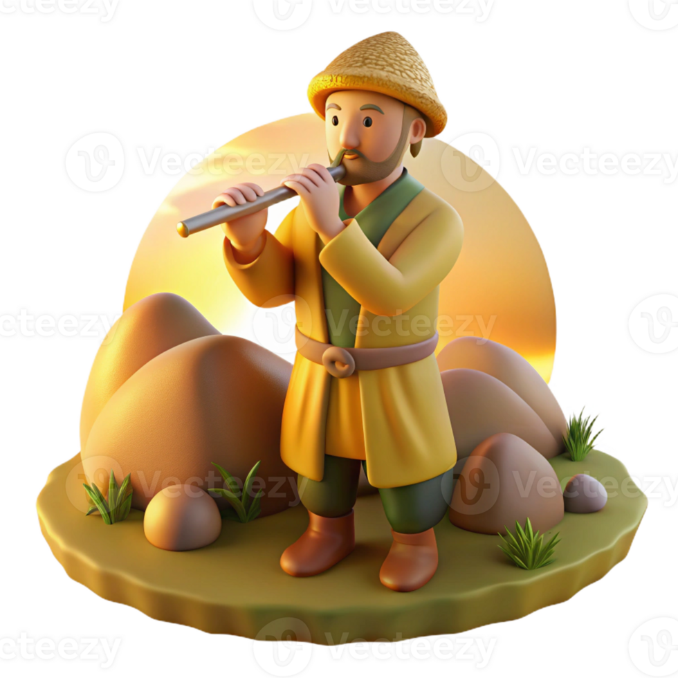 impressive minimalist A Phrygian shepherd playing a flute, peaceful scene, golden hour lighting, painterly style, exclusive png