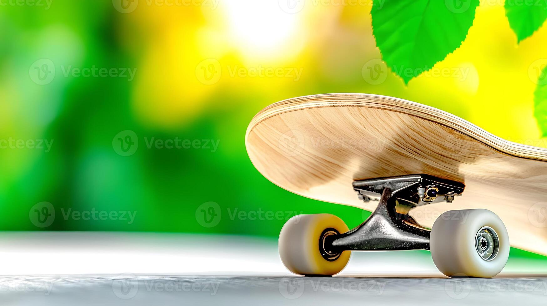 Close-up of a skateboard on a surface with vibrant green leaves and sunlight in the background photo