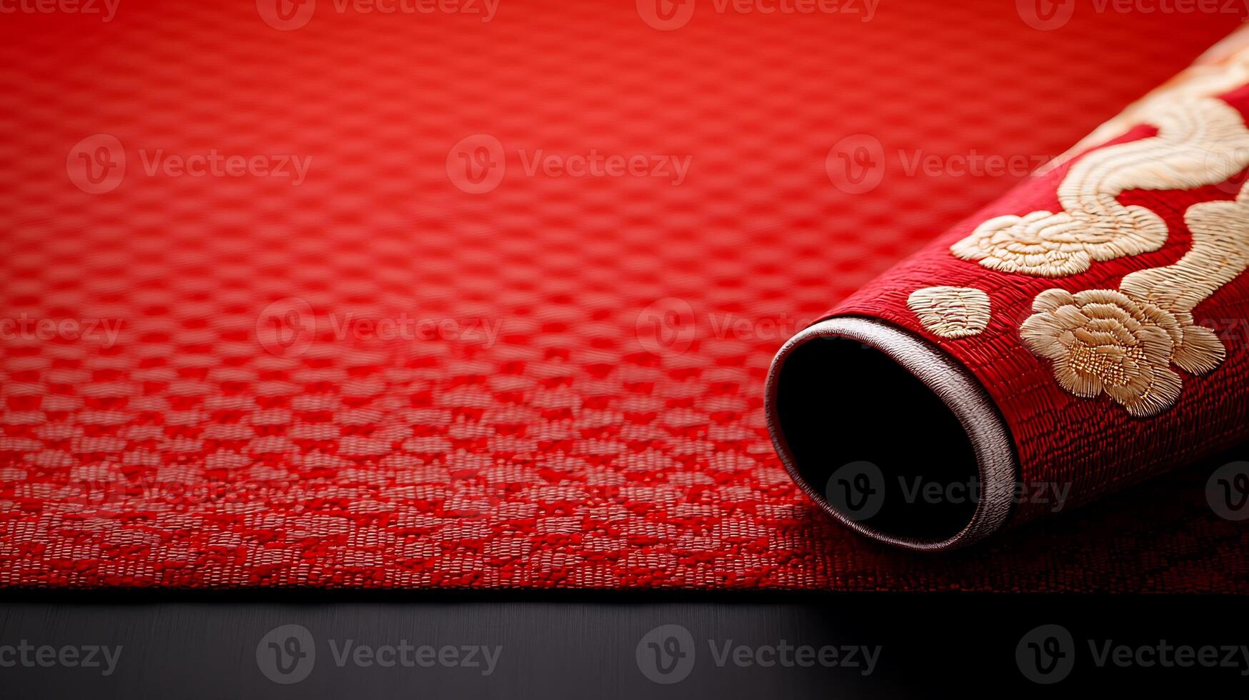 Close-up of a rolled red fabric with intricate golden patterns on a textured background photo