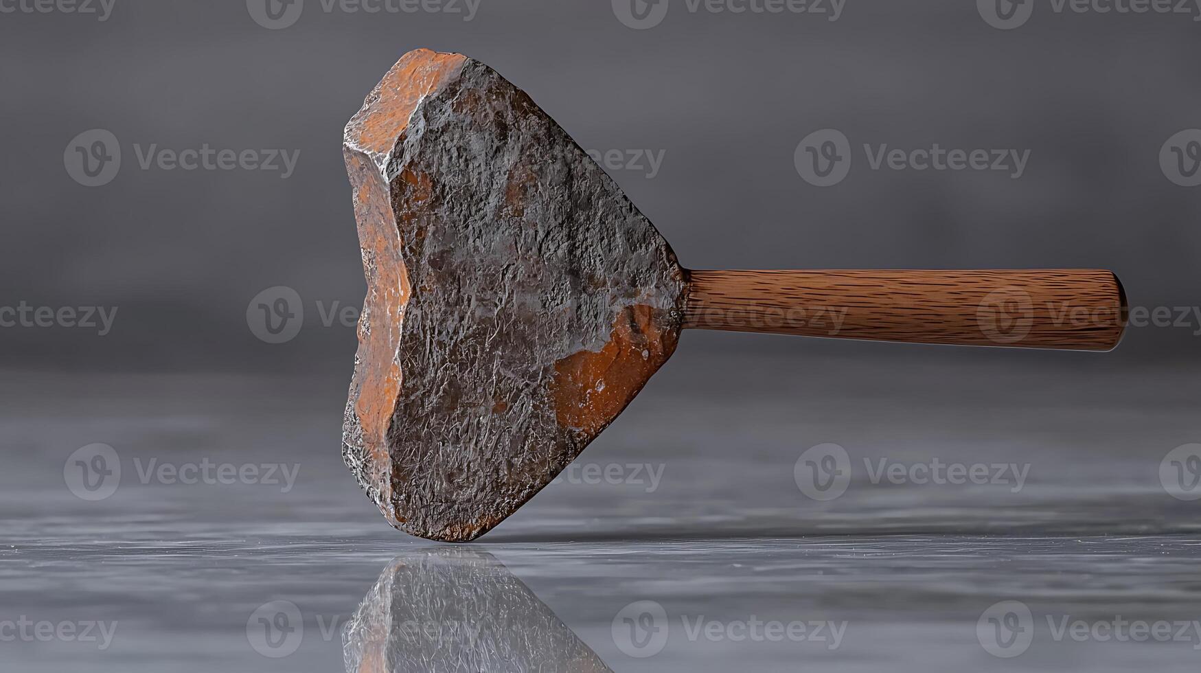 Close-up of a rustic stone tool with a wooden handle resting on a reflective surface photo