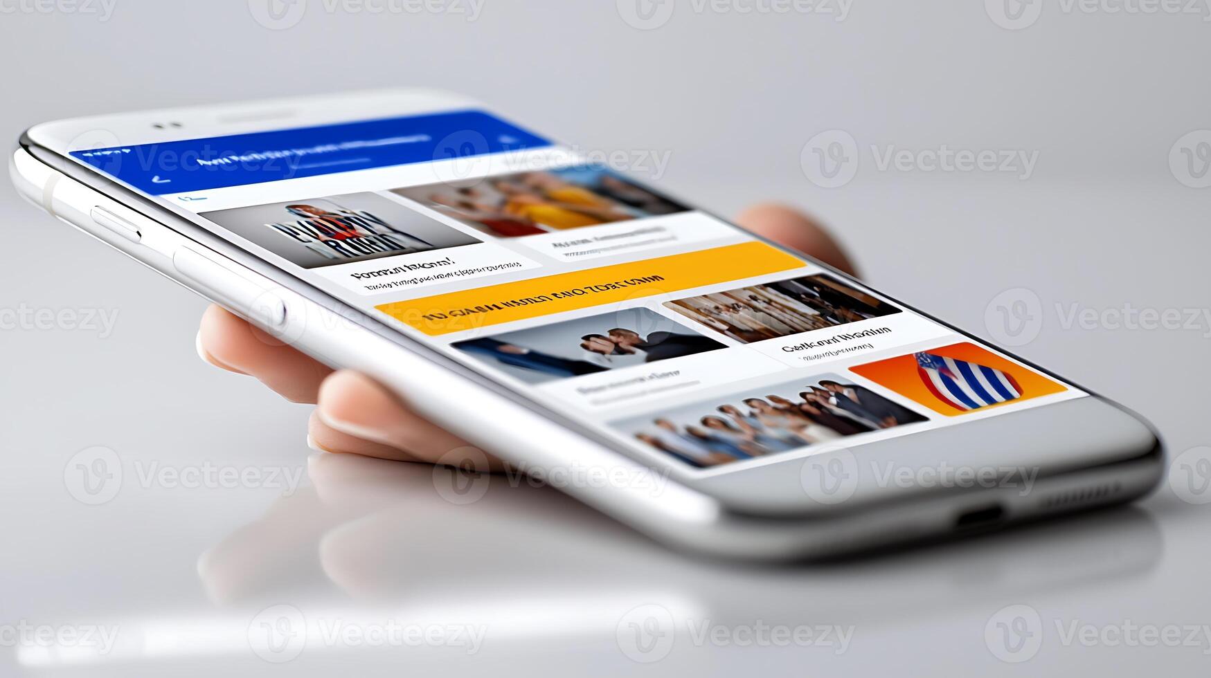 Close-up of a hand holding a smartphone displaying a colorful app interface with images photo