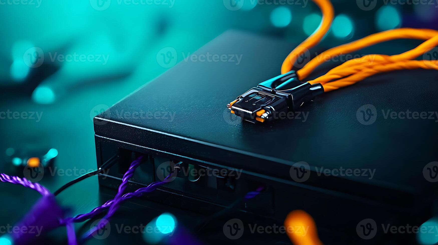Close-up of a modern networking device with colorful cables, set against a blurred tech background photo