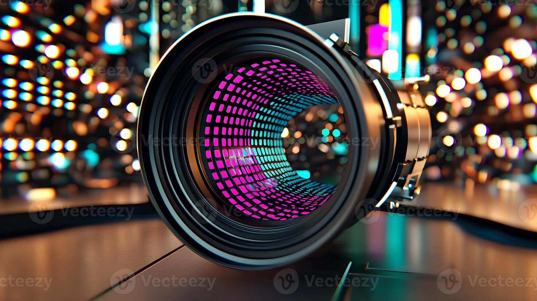 Close-up of a modern camera lens showcasing vibrant colors and bokeh effects, with a blurred cityscape in the background photo