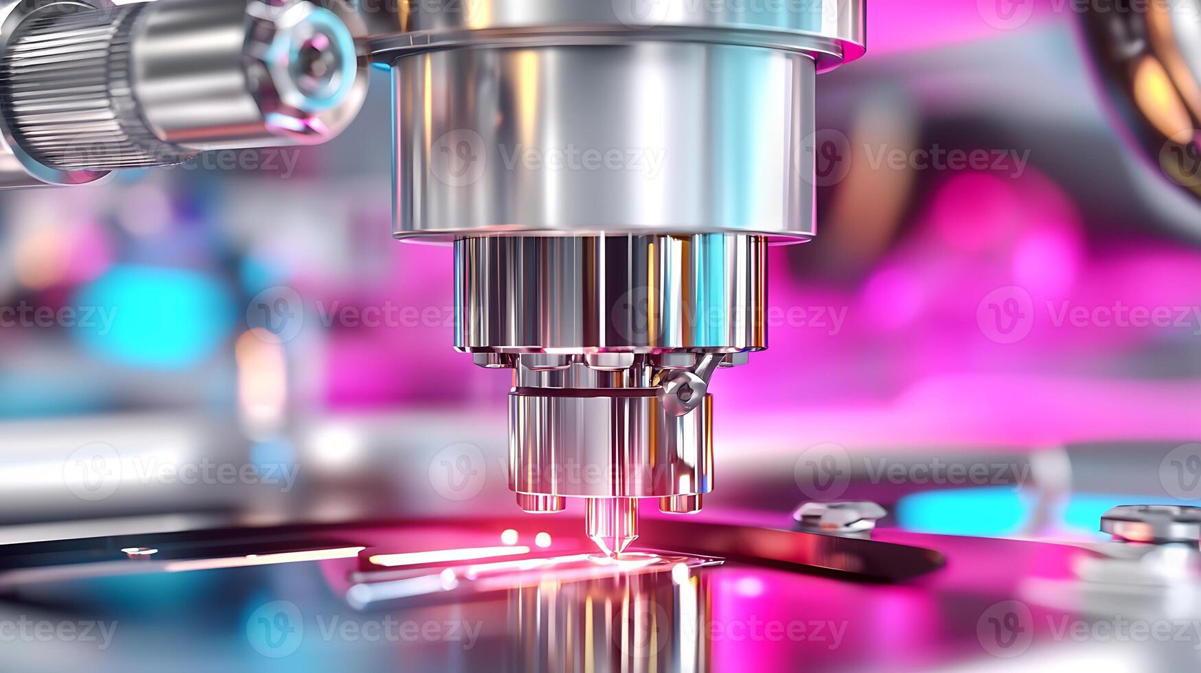 Close-up of a precision laser cutting machine operating on a metal surface with vibrant lighting photo