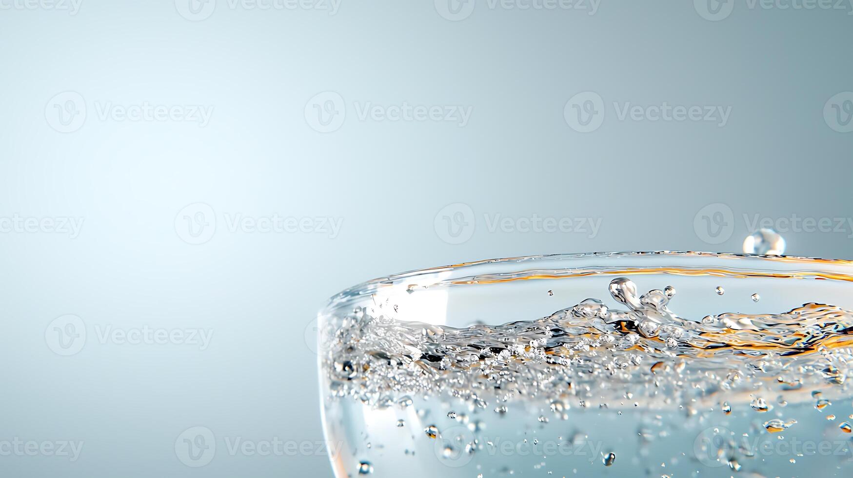 Close-up of a glass filled with water, showcasing splashes and bubbles against a soft background photo