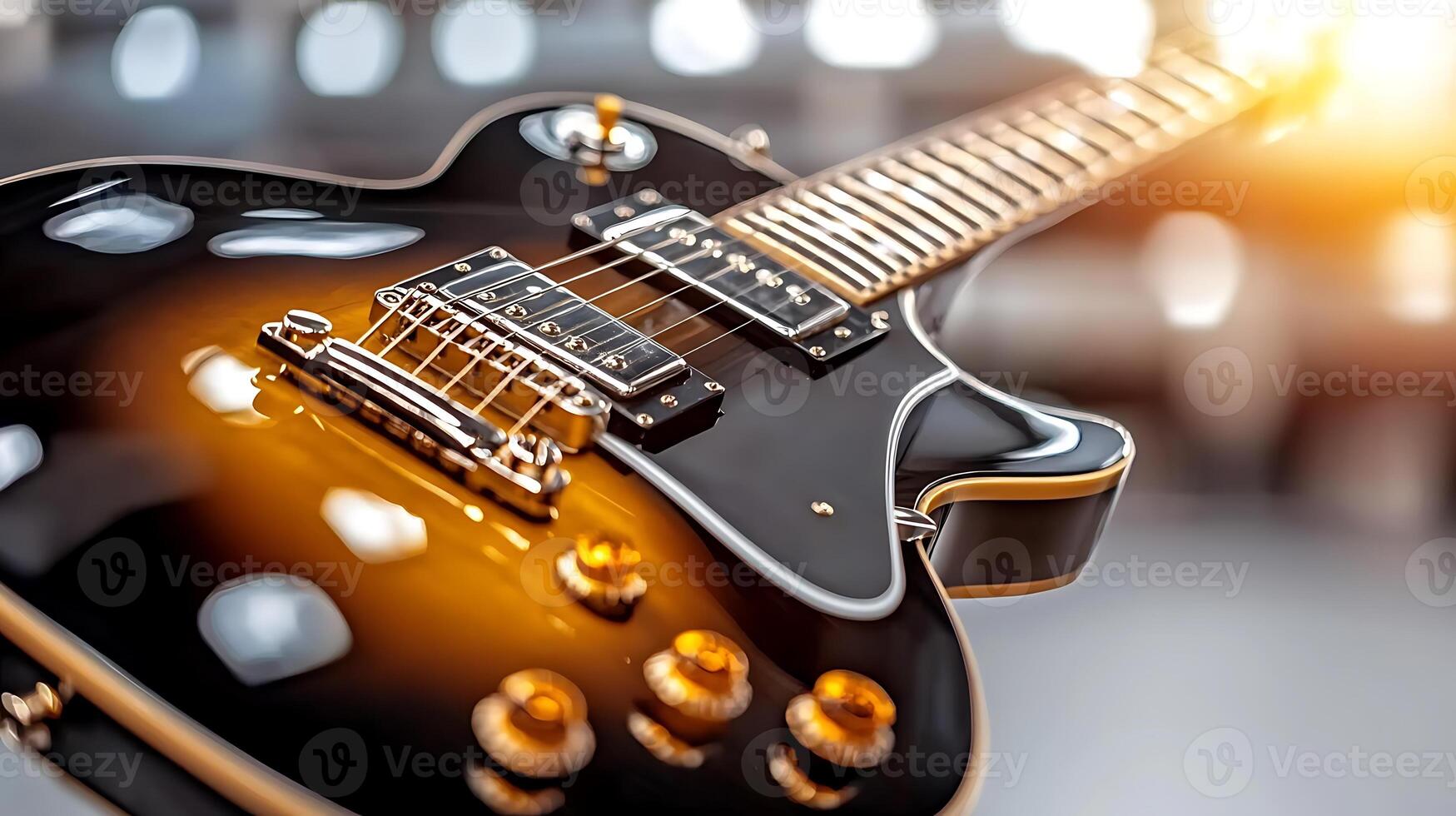 Close-up of a glossy electric guitar with a warm sunlit background, showcasing craftsmanship and detail photo