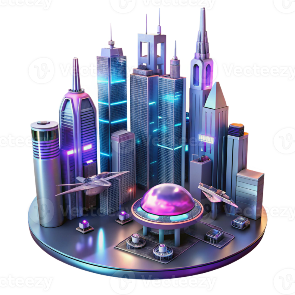 elegant abstract Futuristic cityscape, flying vehicles, neon lights reflecting on sleek metallic structures, cyberpunk aesthetic, digital art exclusive png