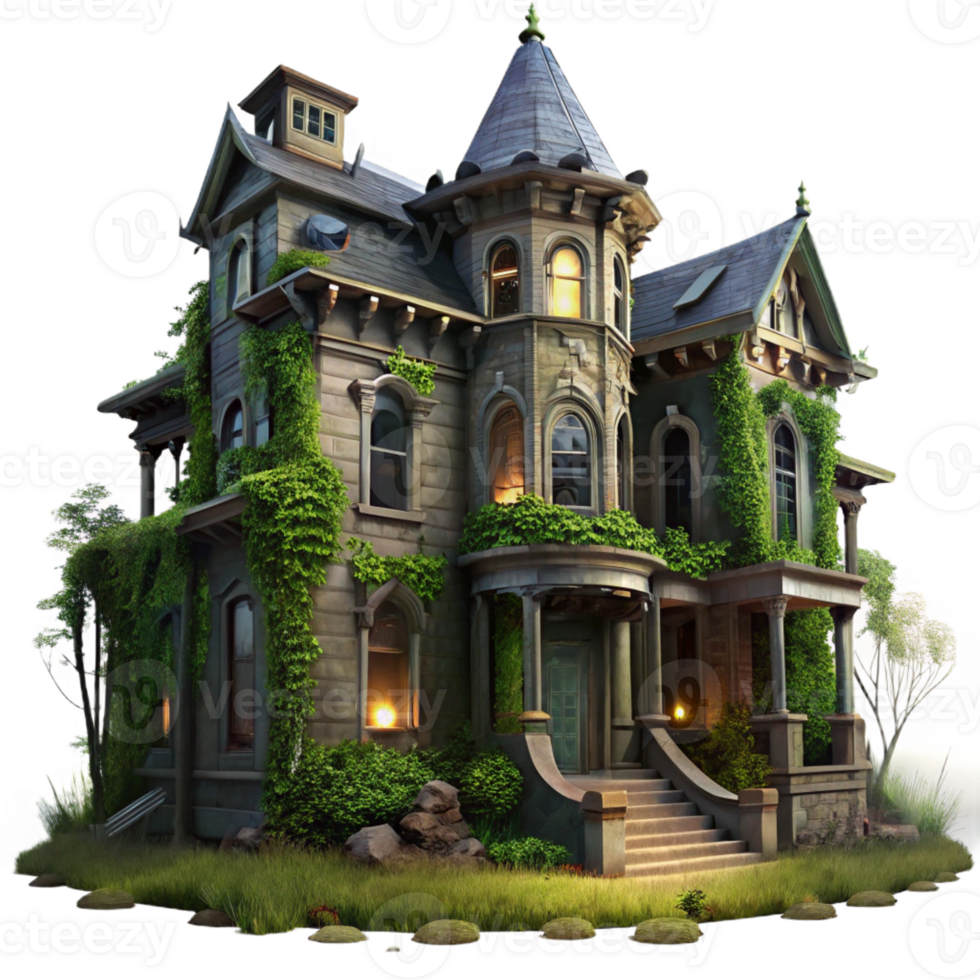beautiful abstract Abandoned Victorian mansion, overgrown with ivy, dim moonlight filtering through broken windows, spooky atmosphere, digital painting exclusive png