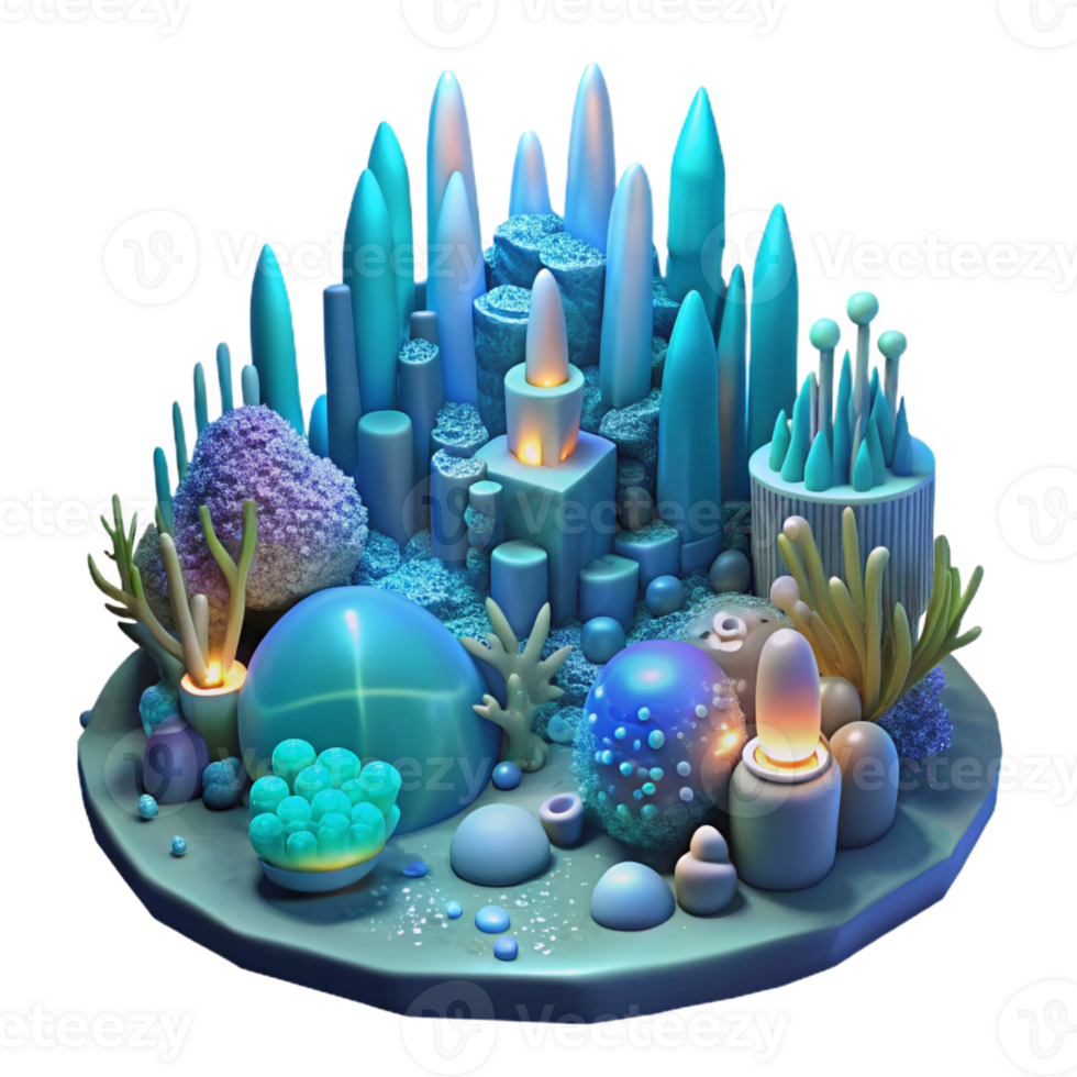 stunning modern Underwater city, bioluminescent coral structures, glowing aquatic life, dreamlike atmosphere, digital illustration original png