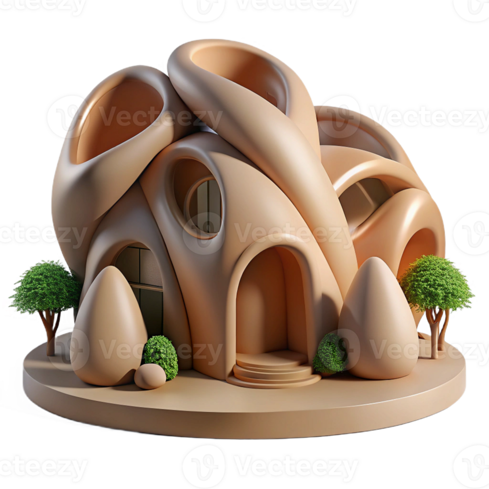 magnificent minimalist Organic architecture, flowing lines inspired by nature, earthy materials, warm natural light, 3D render premium png