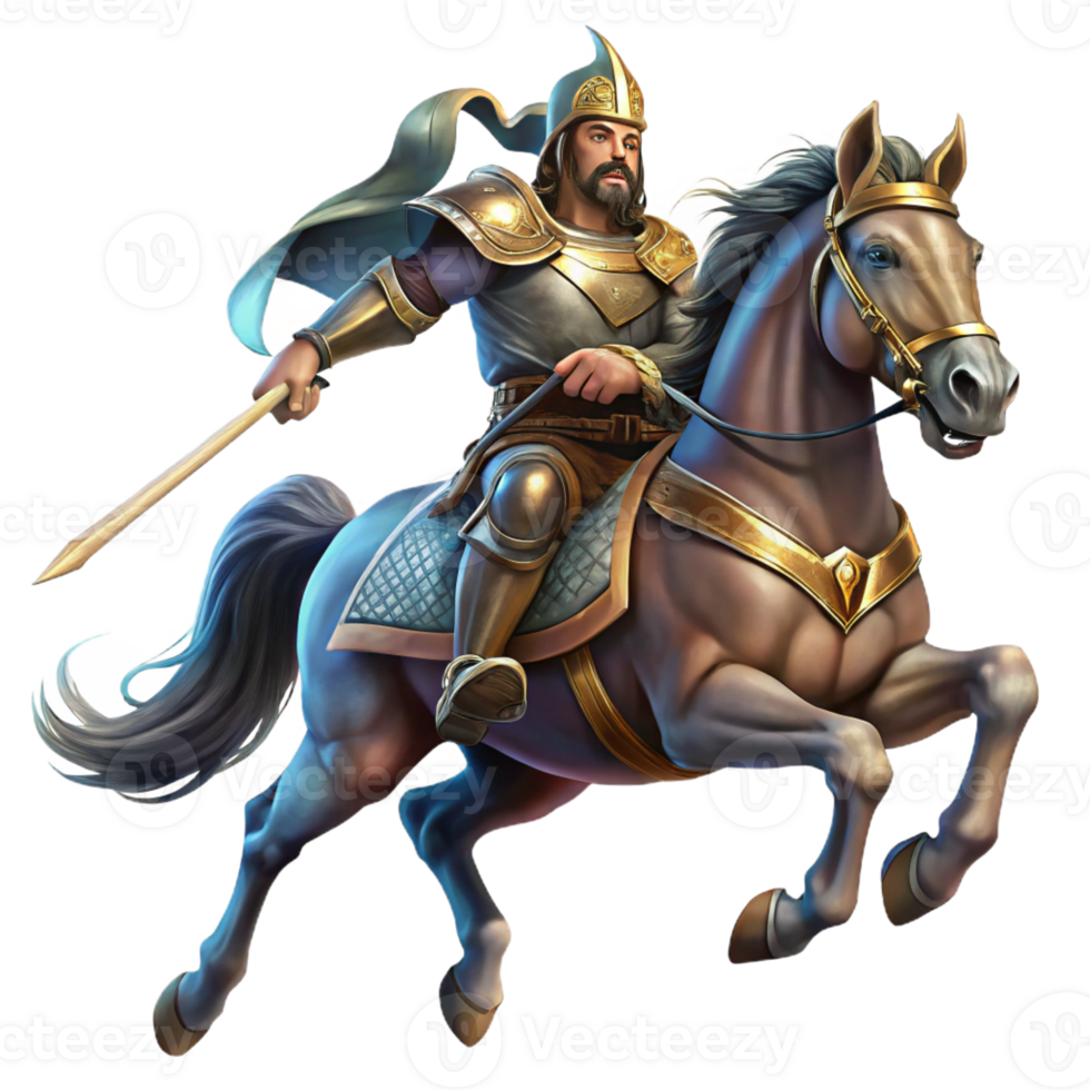 magnificent classic An Epirote warrior on horseback, charging into battle, dynamic pose, dramatic lighting, painterly style, authentic png