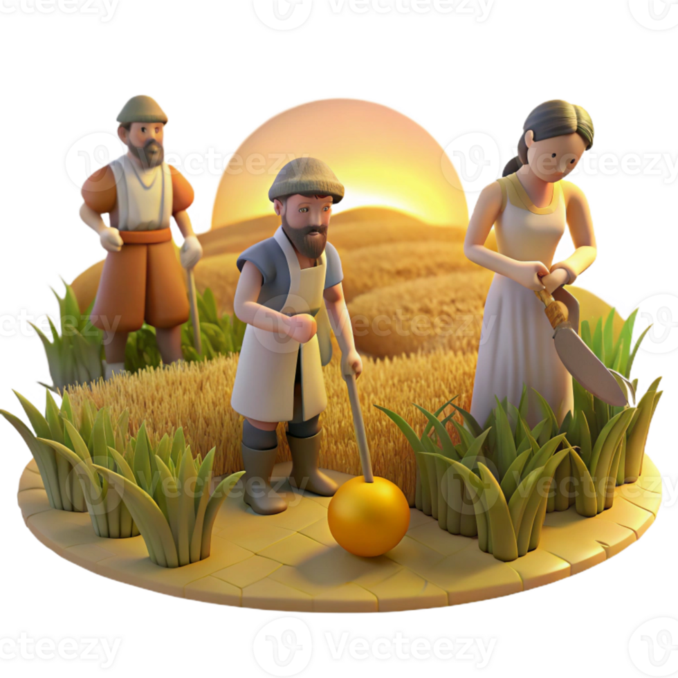 wonderful modern A group of ancient Thessalian farmers working in a field, peaceful scene, golden hour lighting, impressionistic style, authentic png