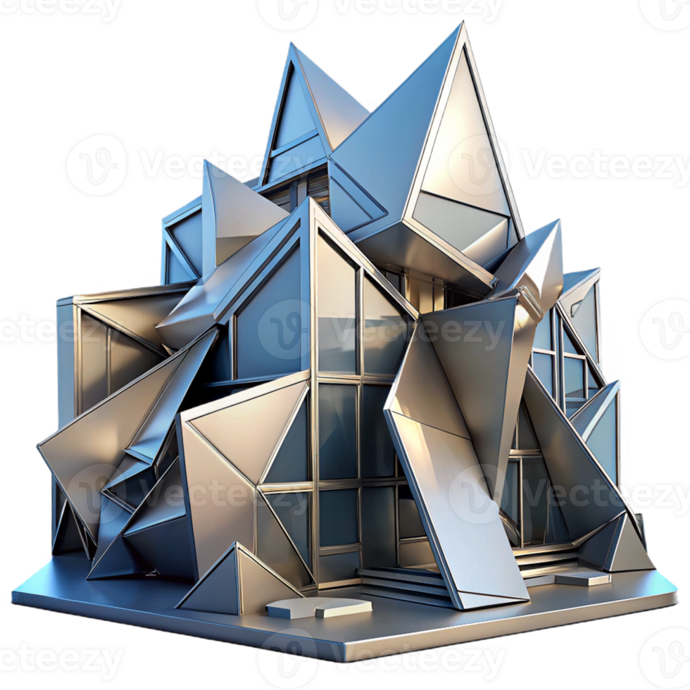extraordinary vintage Deconstructivist building, fragmented forms, sharp angles, metallic surfaces, dramatic lighting, abstract art high quality png
