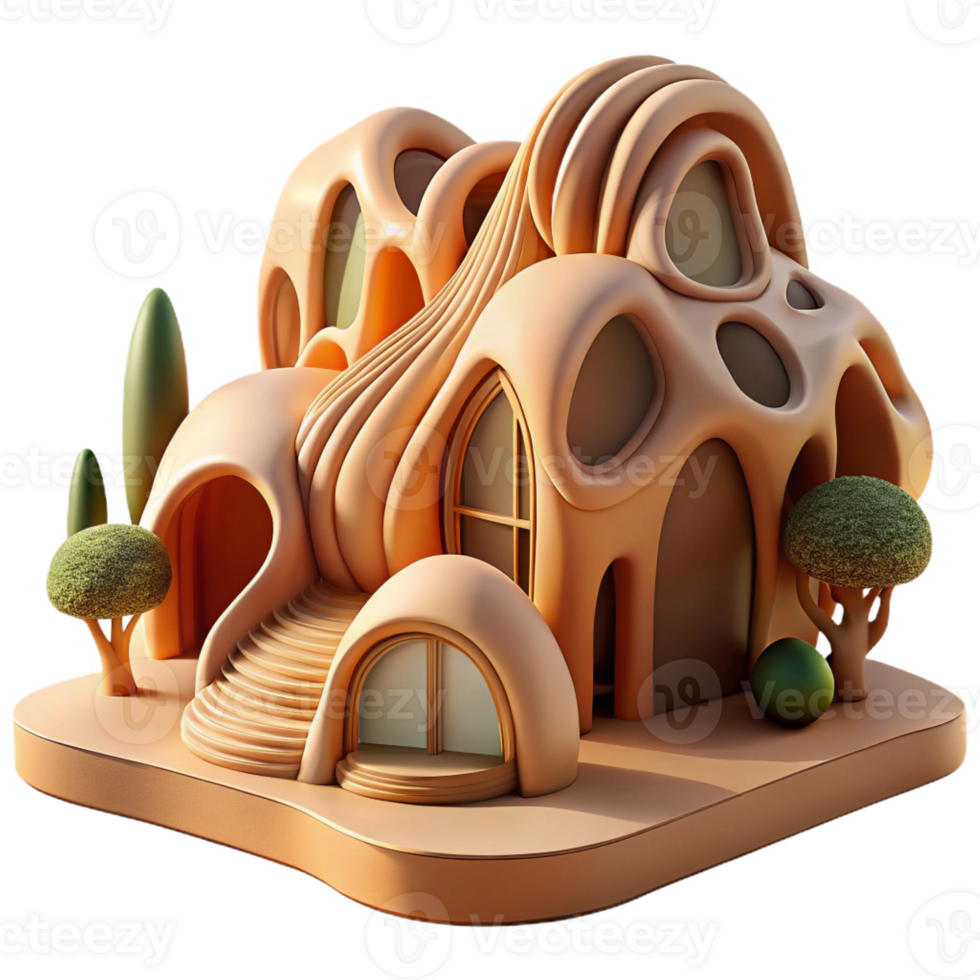 stunning traditional Organic architecture, flowing lines inspired by nature, earthy materials, warm natural light, 3D render genuine png