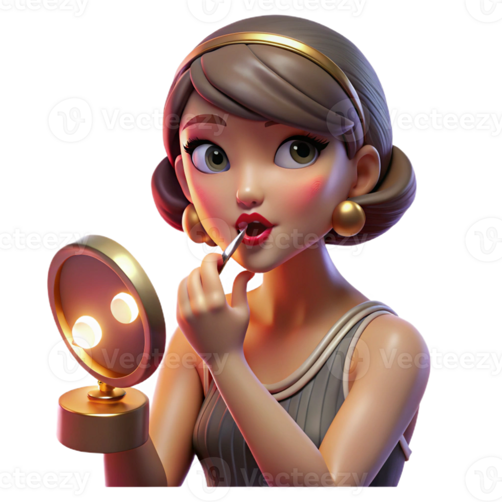 beautiful minimalist A flapper girl applying lipstick in a compact mirror, illuminated by the warm glow of a vanity light. Art Deco, glamorous style premium png