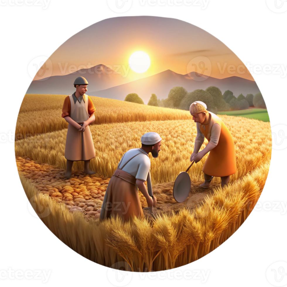 impressive rustic A group of ancient Thessalian farmers working in a field, peaceful scene, golden hour lighting, impressionistic style, genuine png