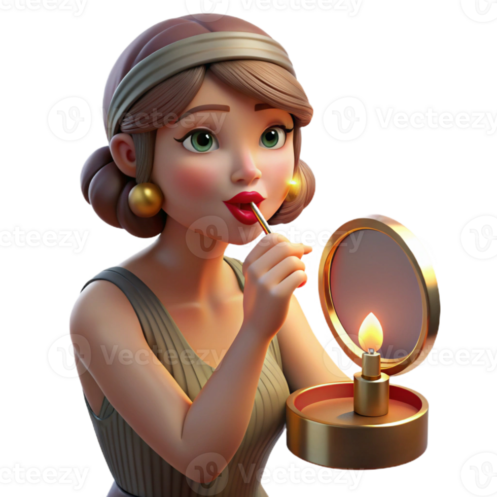 extraordinary minimalist A flapper girl applying lipstick in a compact mirror, illuminated by the warm glow of a vanity light. Art Deco, glamorous style exclusive png