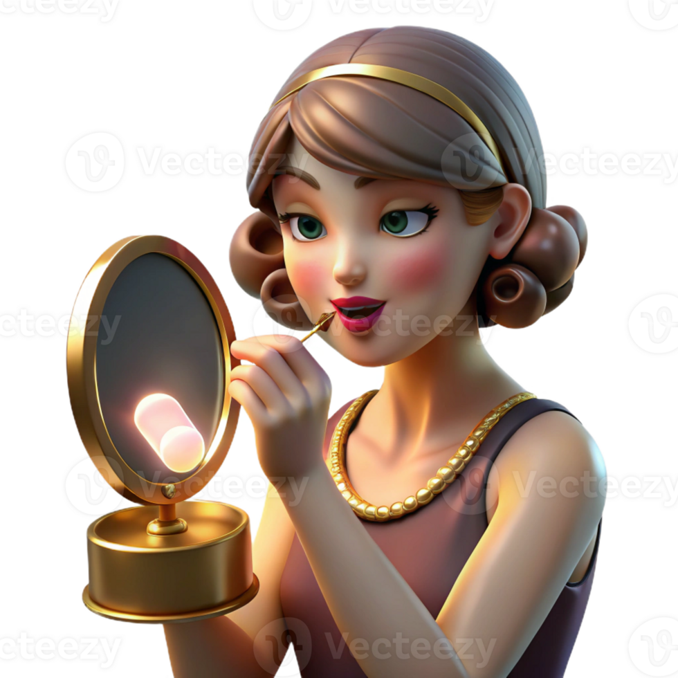 wonderful minimalist A flapper girl applying lipstick in a compact mirror, illuminated by the warm glow of a vanity light. Art Deco, glamorous style authentic png