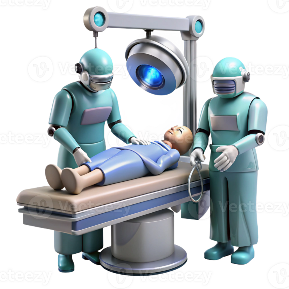 serene minimalist A futuristic medical droid performing surgery on a human patient. Sterile, operating room lighting. Medical sci-fi style high quality png