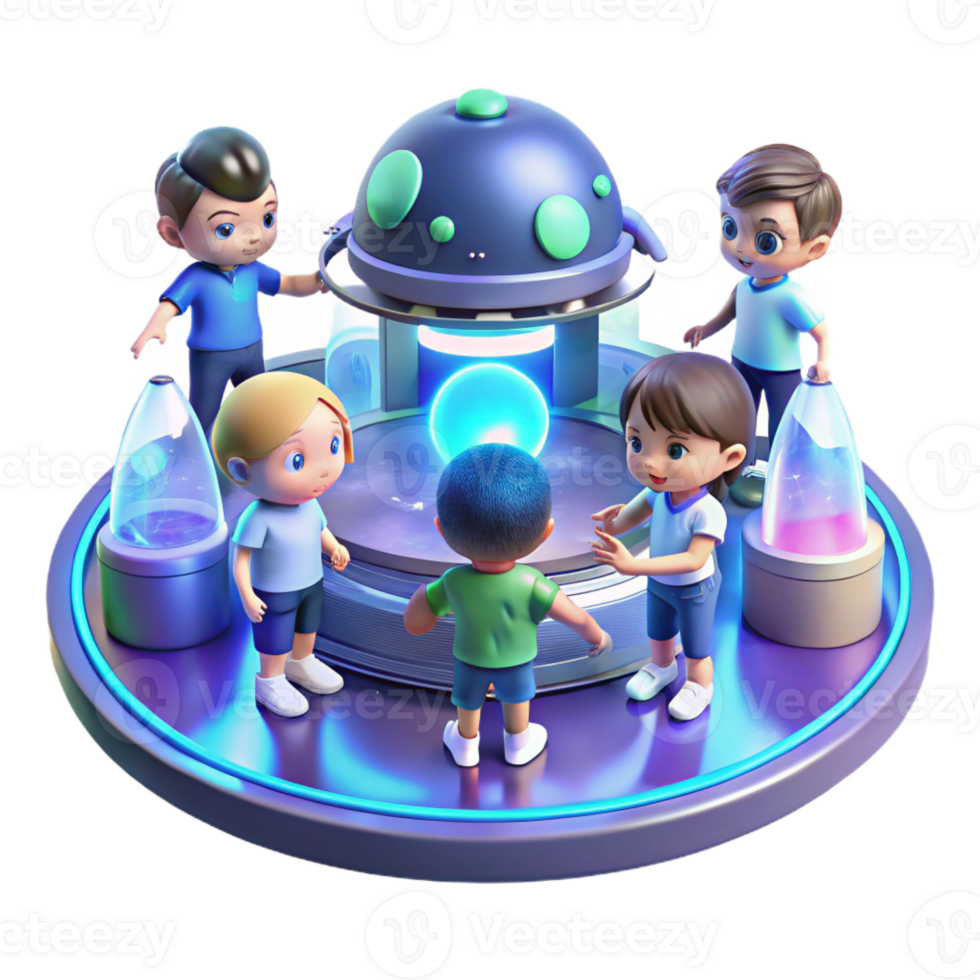 elegant artistic A group of children playing with holographic toys in a futuristic playground. Bright, playful lighting. Sci-fi slice-of-life style 4K png