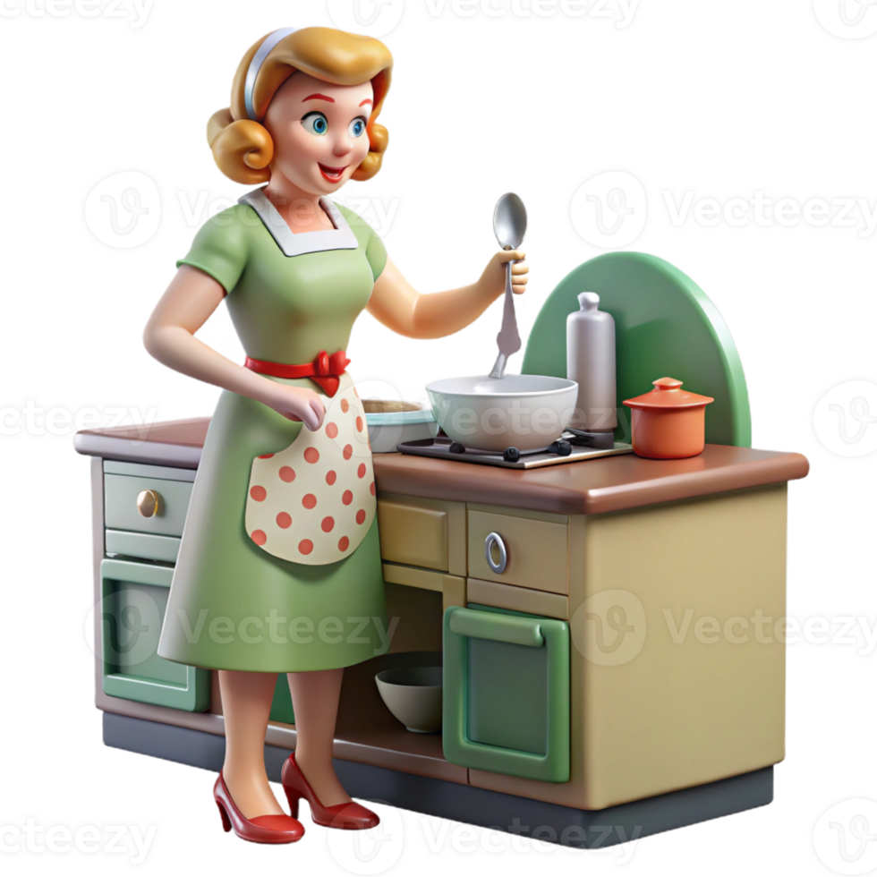 beautiful artistic A 1950s housewife preparing dinner in a brightly lit kitchen. Retro, illustrative style premium png