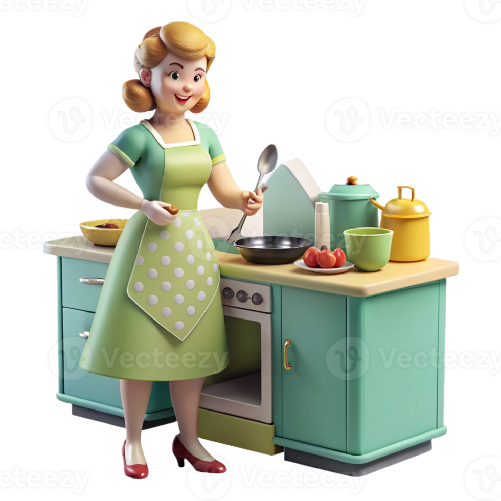 stunning vintage A 1950s housewife preparing dinner in a brightly lit kitchen. Retro, illustrative style detailed png