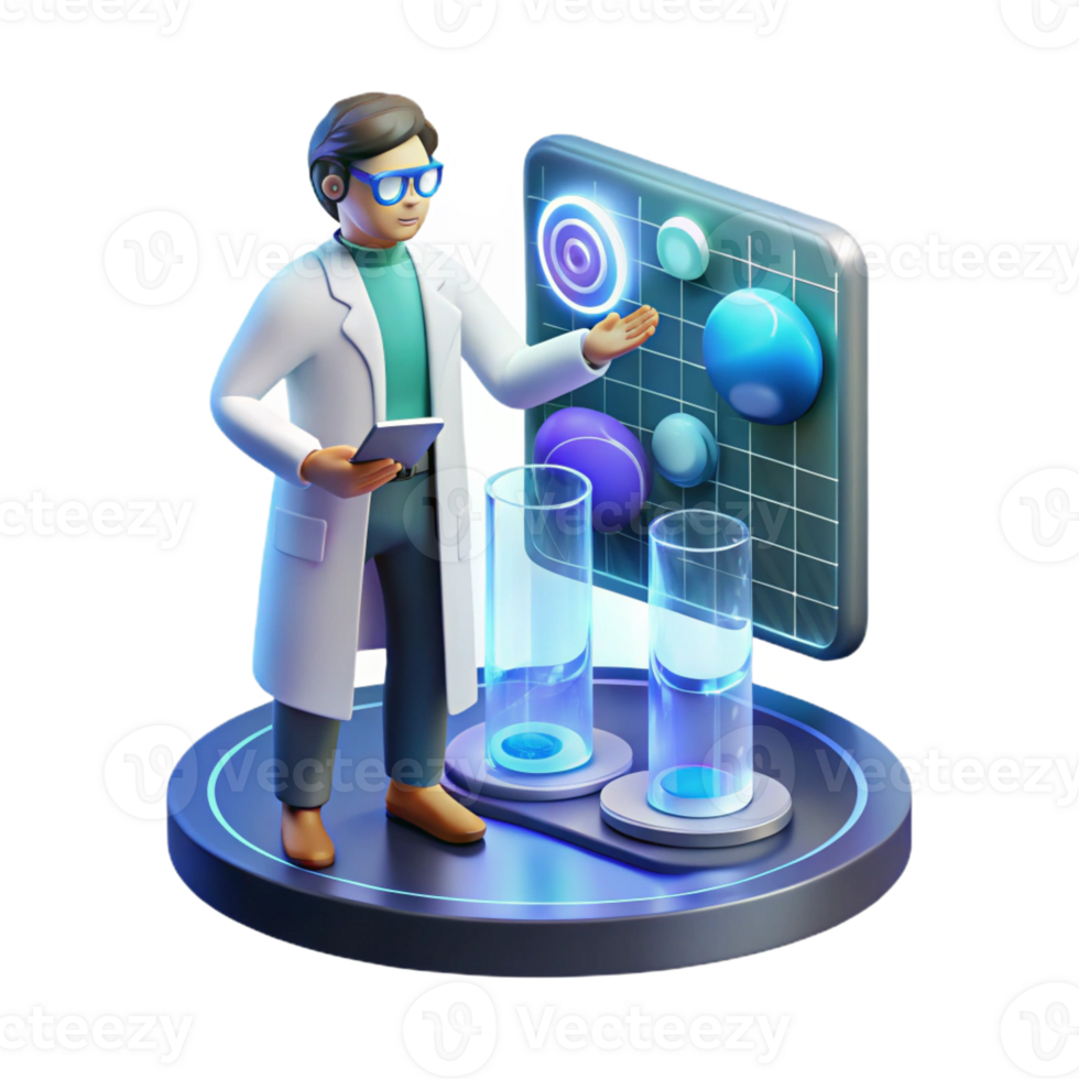 wonderful classic A scientist working on a holographic interface, surrounded by complex data visualizations. Futuristic style, cool colors, sense of innovation and discovery exclusive png