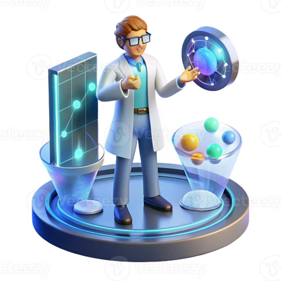 serene modern A scientist working on a holographic interface, surrounded by complex data visualizations. Futuristic style, cool colors, sense of innovation and discovery high quality png