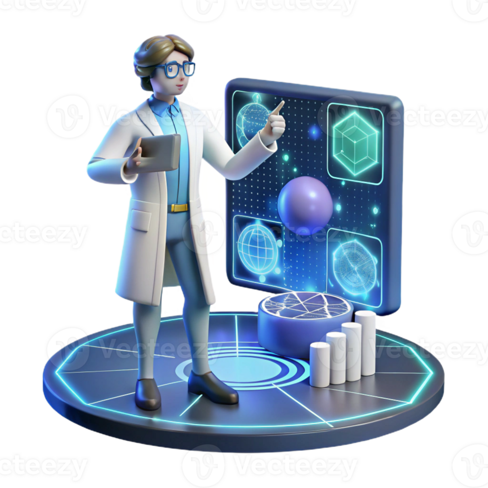 extraordinary abstract A scientist working on a holographic interface, surrounded by complex data visualizations. Futuristic style, cool colors, sense of innovation and discovery detailed png