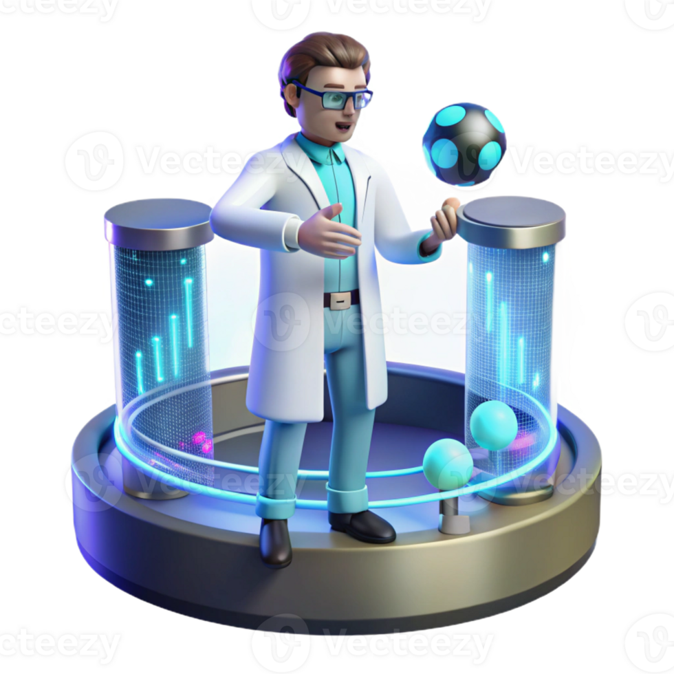 vibrant traditional A scientist working on a holographic interface, surrounded by complex data visualizations. Futuristic style, cool colors, sense of innovation and discovery detailed png