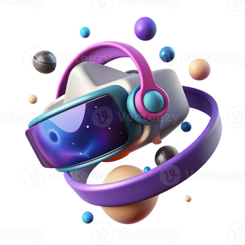 serene minimalist A virtual reality headset floating in space, surrounded by a swirling vortex of digital data. Surreal style, vibrant colors, sense of immersion and escapism professional png