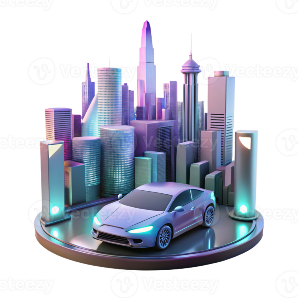 stunning creative A self-driving car navigating a futuristic cityscape, sleek design and glowing headlights. Futuristic style, neon lighting, sense of automation and progress professional png