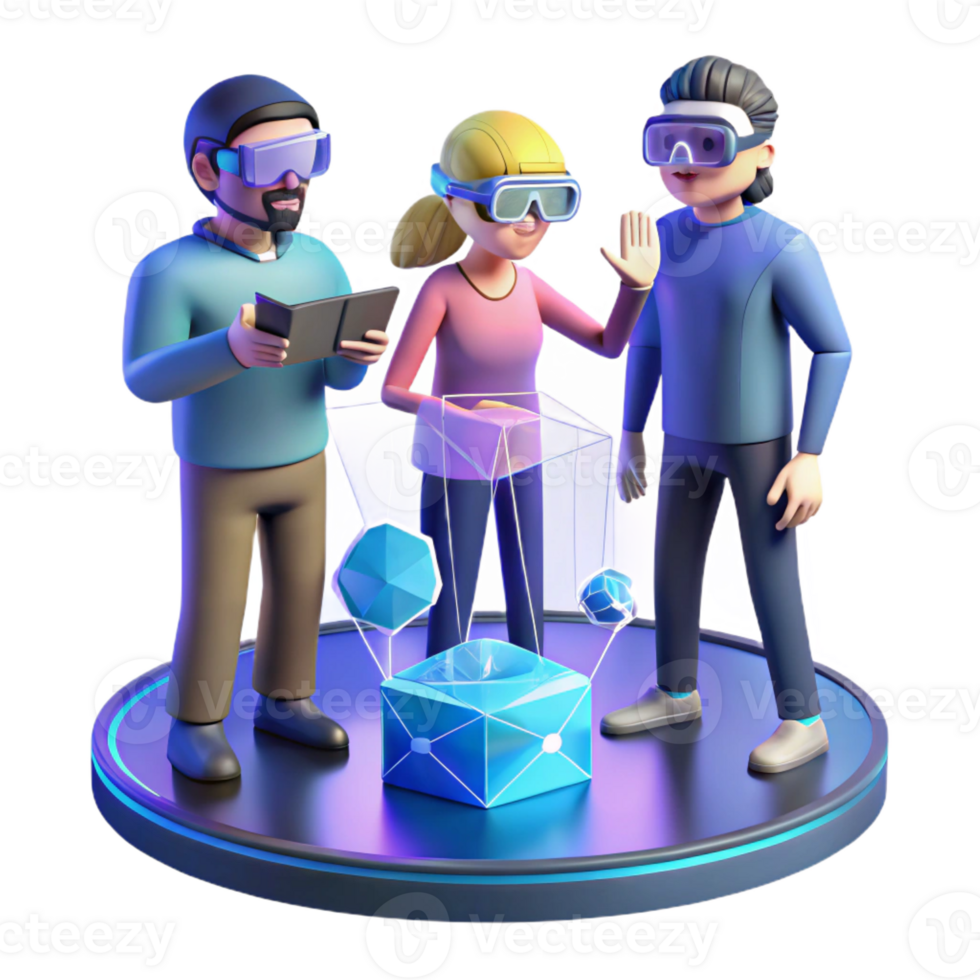 magnificent modern A group of people wearing augmented reality glasses, interacting with holographic projections. Futuristic style, cool colors, sense of connection and interaction premium png