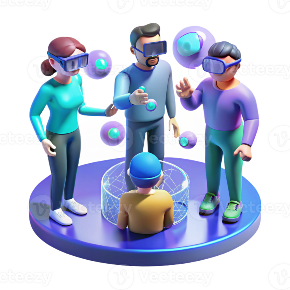 elegant rustic A group of people wearing augmented reality glasses, interacting with holographic projections. Futuristic style, cool colors, sense of connection and interaction genuine png