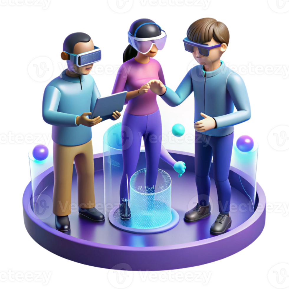impressive rustic A group of people wearing augmented reality glasses, interacting with holographic projections. Futuristic style, cool colors, sense of connection and interaction genuine png