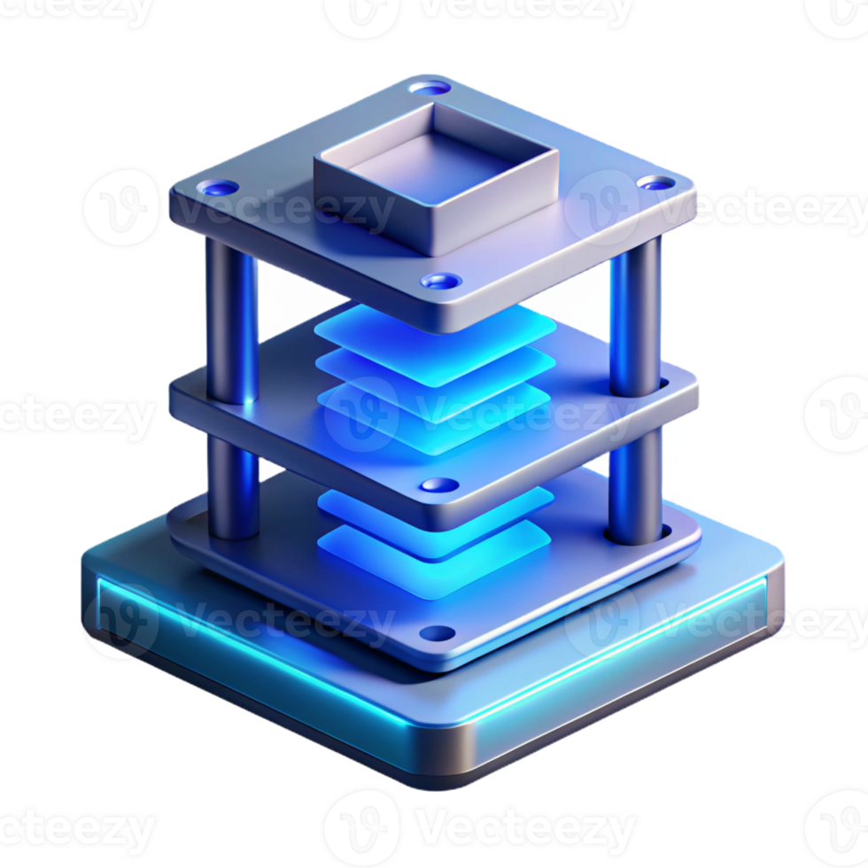 extraordinary rustic A 3D printer creating a complex object, layer by layer, illuminated by a blue light. Futuristic style, minimalist aesthetic, sense of precision and creation premium png