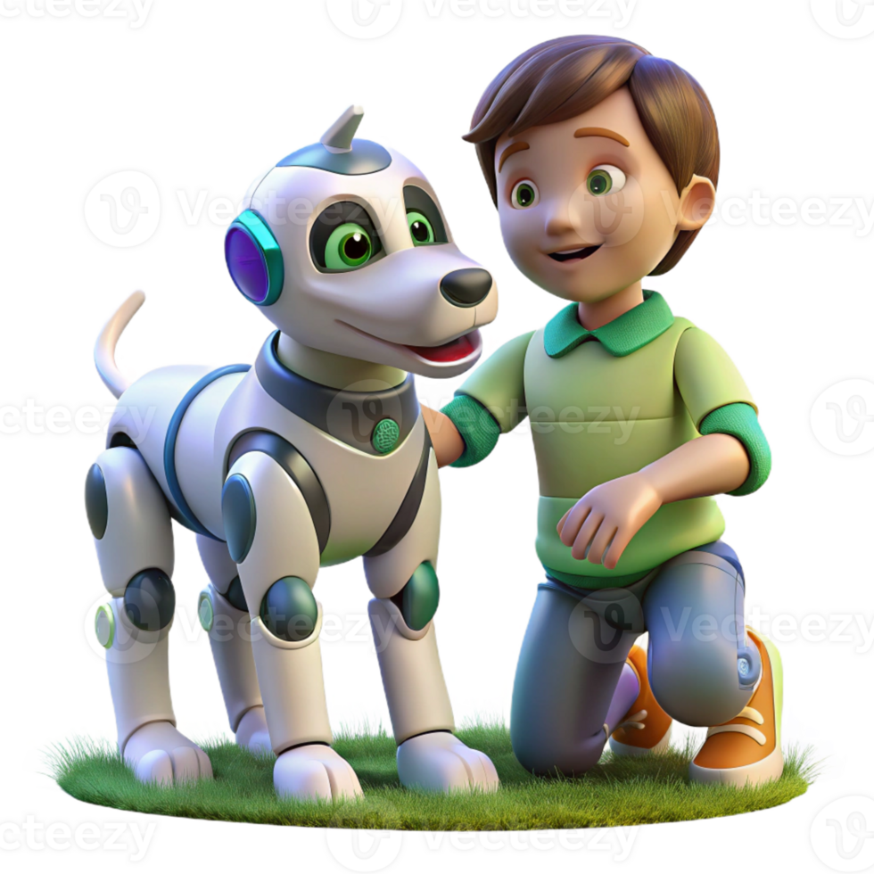 wonderful abstract A futuristic robot dog playing with a child in a park, showcasing the potential of companion robots. Photorealistic style, warm lighting, sense of joy and connection detailed png