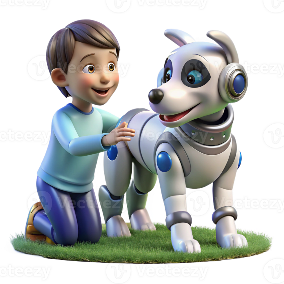 vibrant artistic A futuristic robot dog playing with a child in a park, showcasing the potential of companion robots. Photorealistic style, warm lighting, sense of joy and connection premium png