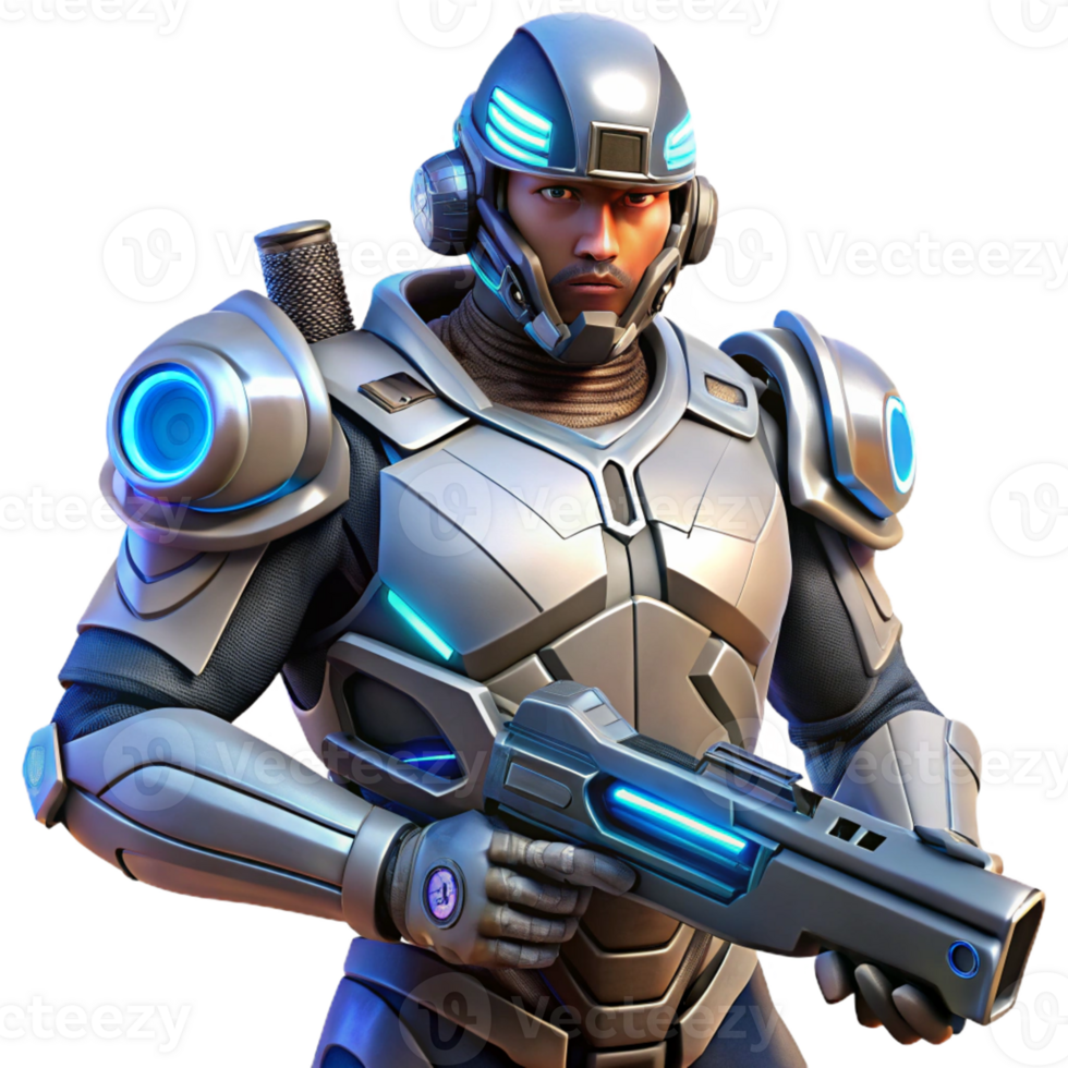 dramatic contemporary A futuristic soldier wearing powered armor, holding a futuristic weapon. Science fiction style, dramatic lighting, sense of power and conflict exclusive png