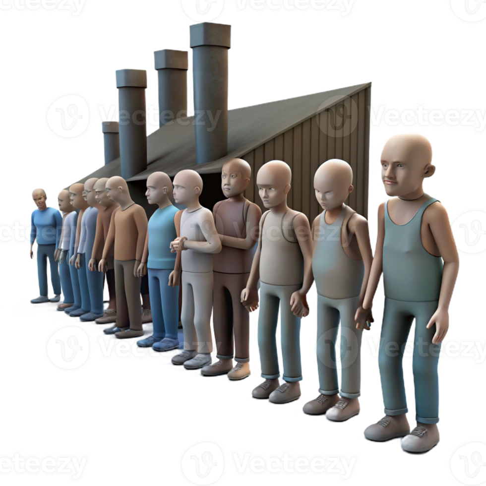 extraordinary abstract A group of emaciated humans, queuing for rations in a desolate industrial complex, photorealistic, dim and dusty lighting premium png