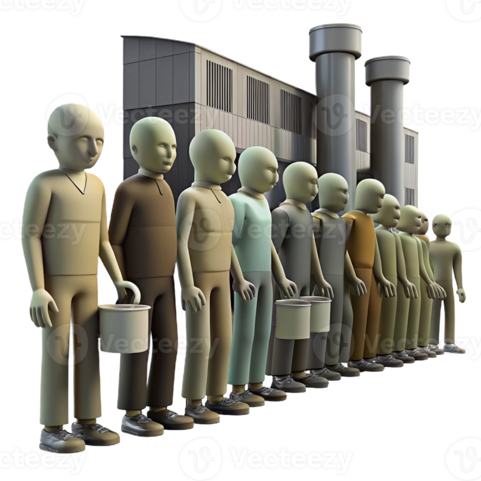 wonderful modern A group of emaciated humans, queuing for rations in a desolate industrial complex, photorealistic, dim and dusty lighting high quality png