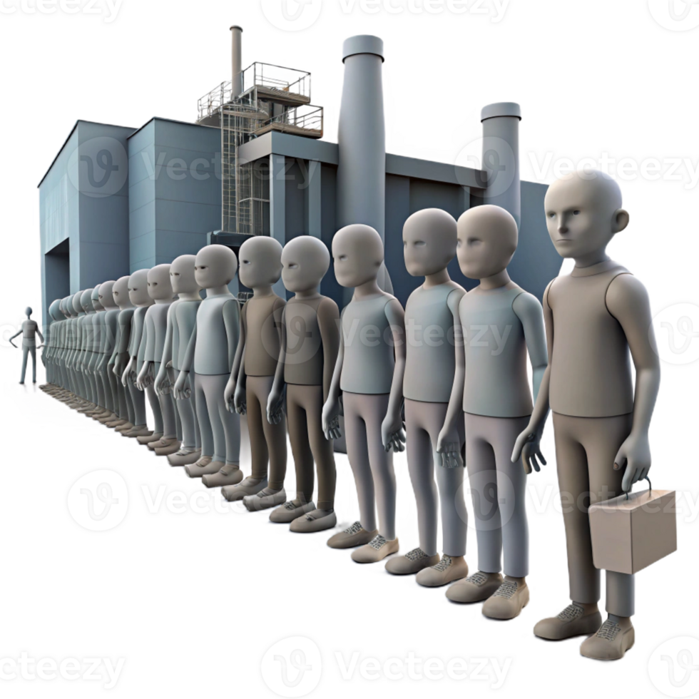 impressive modern A group of emaciated humans, queuing for rations in a desolate industrial complex, photorealistic, dim and dusty lighting premium png