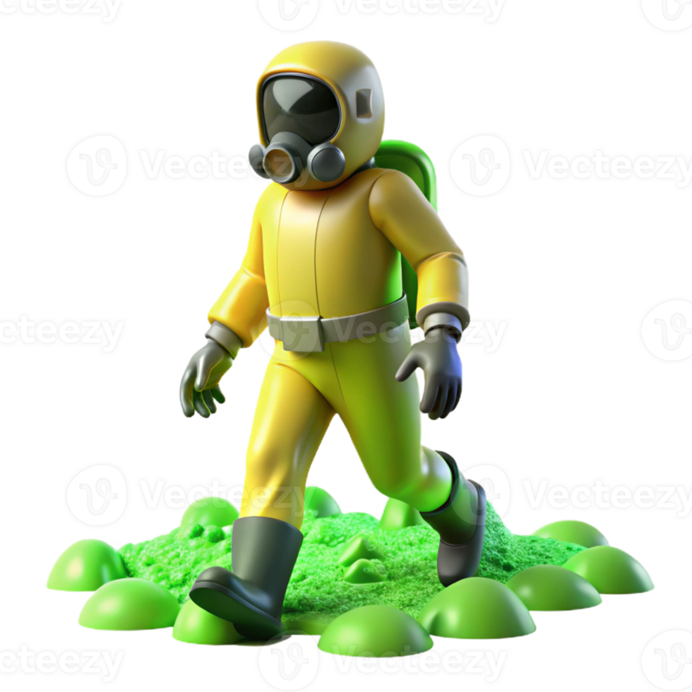 elegant modern A figure in a hazmat suit walking through a toxic wasteland, apocalyptic and desolate, sickly green lighting detailed png