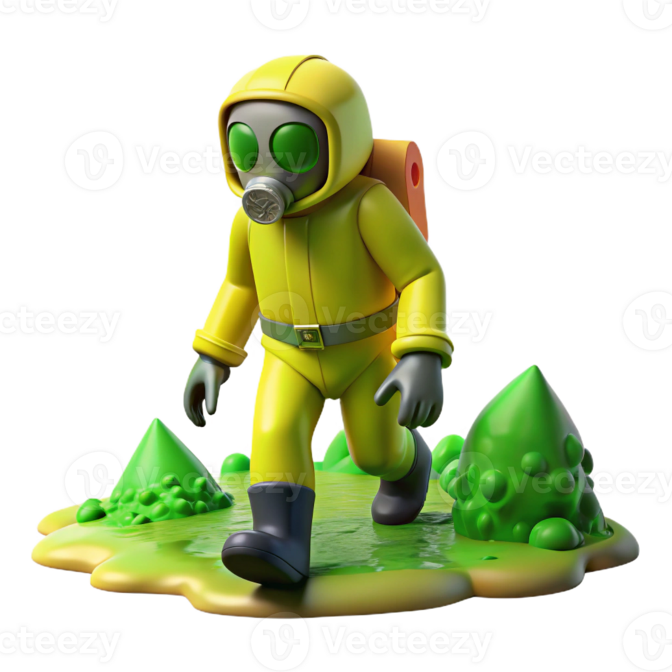 extraordinary traditional A figure in a hazmat suit walking through a toxic wasteland, apocalyptic and desolate, sickly green lighting detailed png