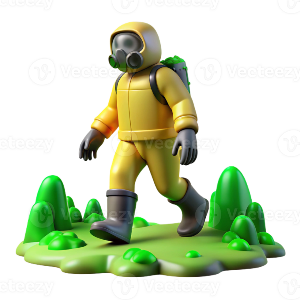 impressive modern A figure in a hazmat suit walking through a toxic wasteland, apocalyptic and desolate, sickly green lighting authentic png