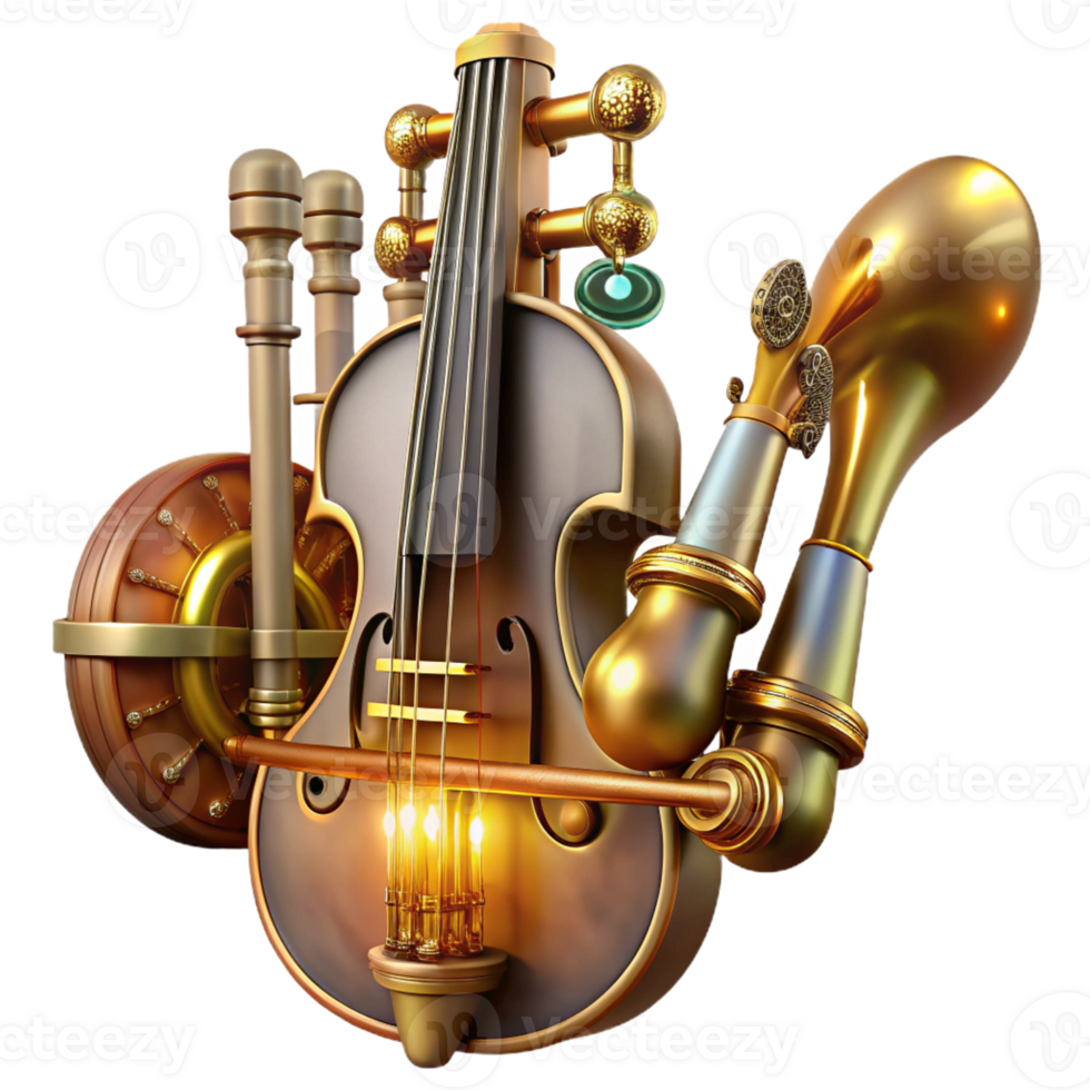 magnificent creative A steampunk musical instrument resembling a violin, with brass pipes and glowing vacuum tubes, bathed in warm, ambient light, in a surreal style premium png
