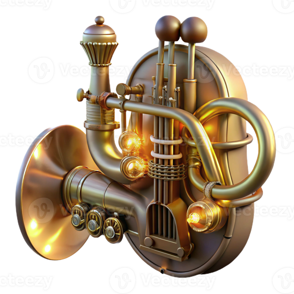 beautiful vintage A steampunk musical instrument resembling a violin, with brass pipes and glowing vacuum tubes, bathed in warm, ambient light, in a surreal style original png