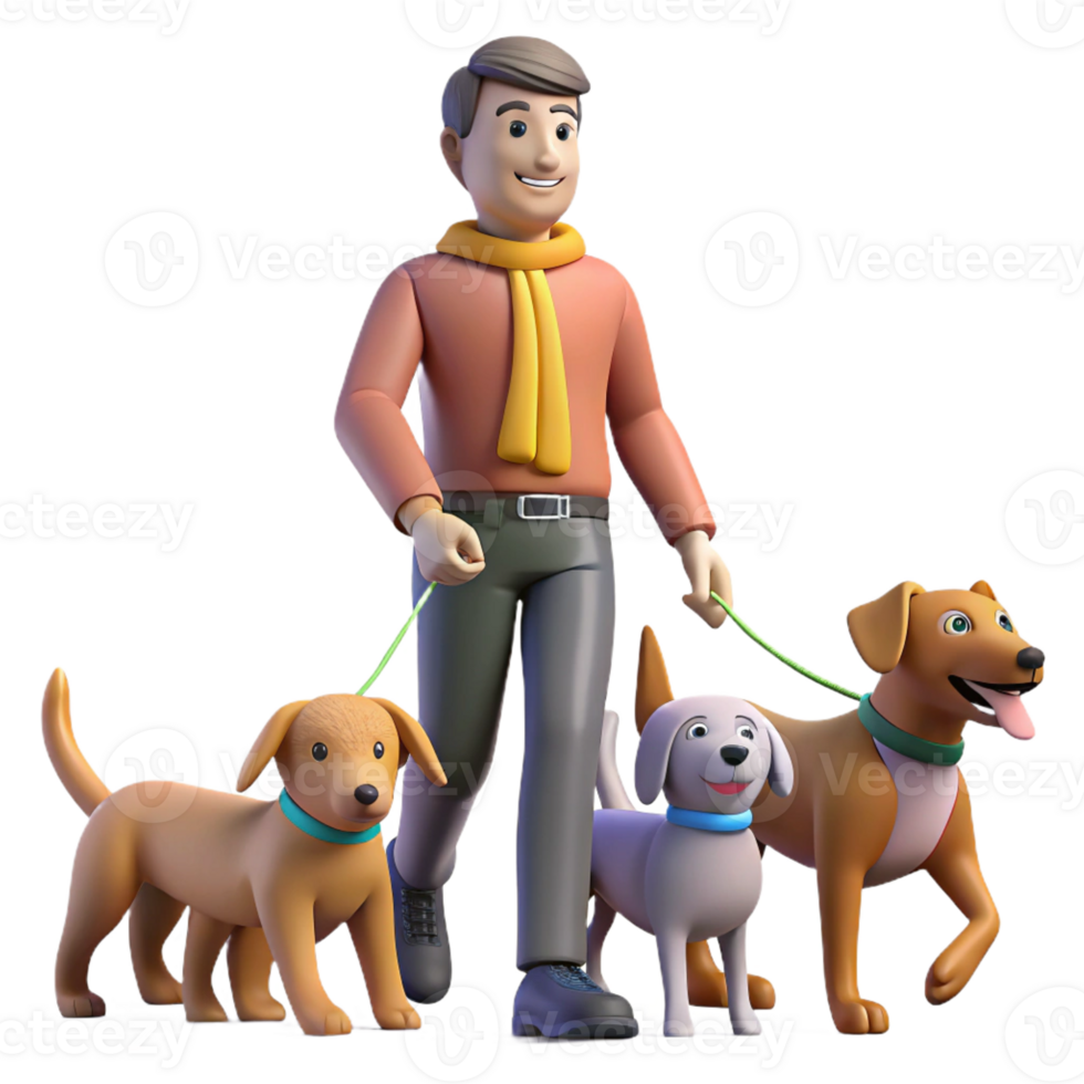 vibrant contemporary Dog walker with multiple dogs on leashes, playful scene, urban park setting, bright daylight high resolution png