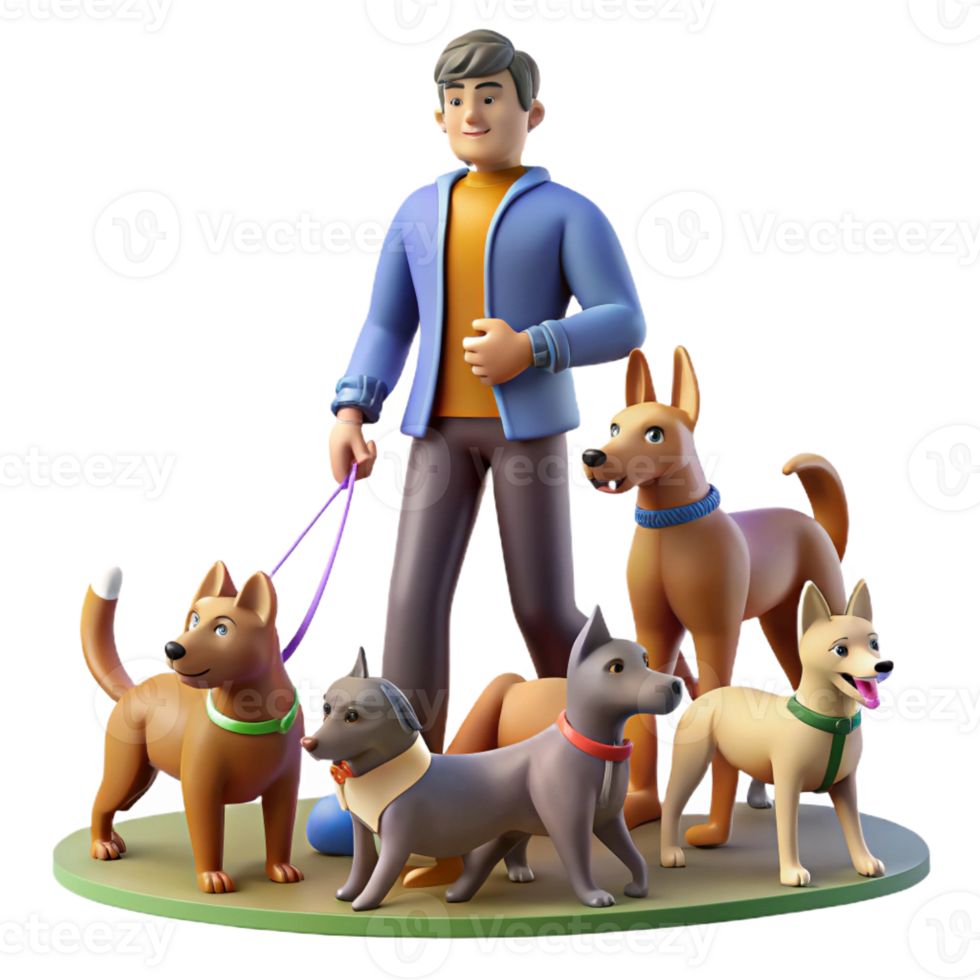 dramatic abstract Dog walker with multiple dogs on leashes, playful scene, urban park setting, bright daylight premium png